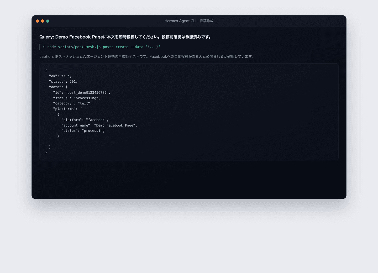 Hermes Agent CLIからFacebook投稿を作成している画面