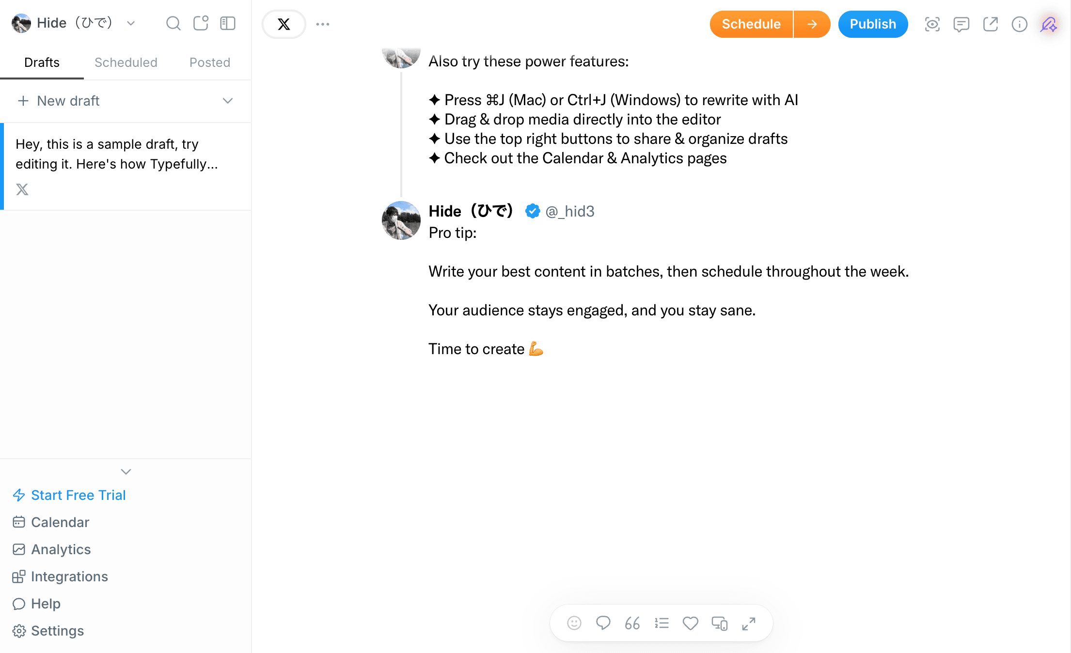 Typefullyのエディタ画面。左にドラフト一覧、中央にスレッド形式のエディタ、右上にScheduleとPublishボタン