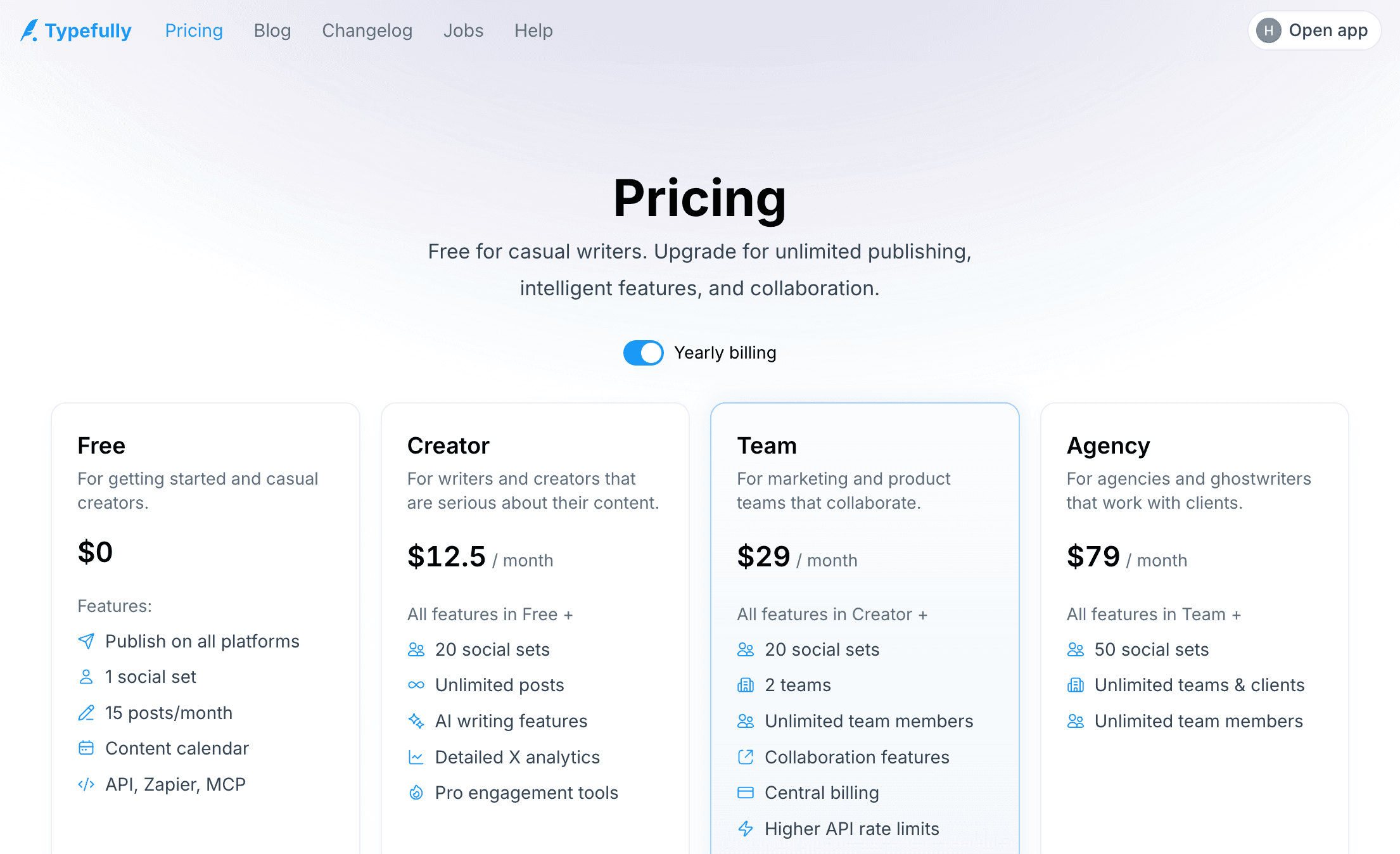 Typefullyの料金プラン一覧画面